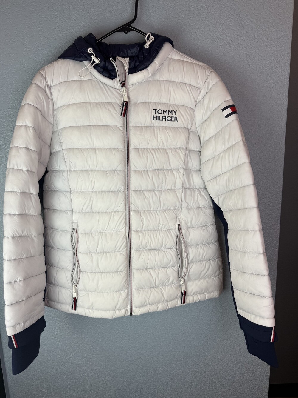Tommy Hilfiger Jacket Womens Medium White Navy Packable Hooded Lightweight Coat